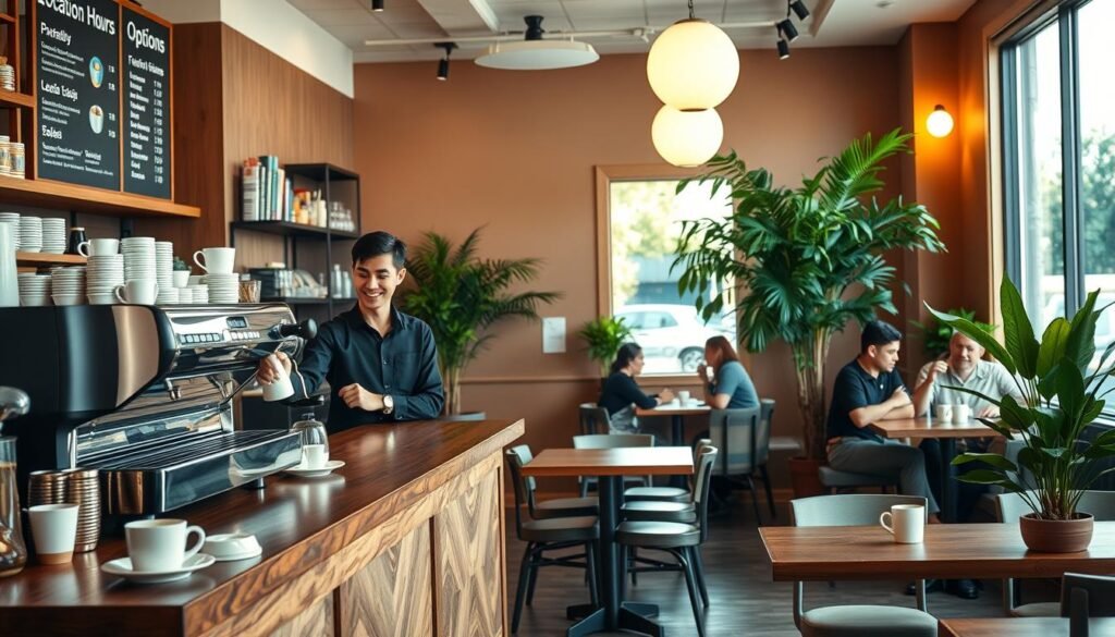 A warm and inviting coffee shop interior, highlighting a wooden counter with a sleek espresso machine and an assortment of coffee cups and pastries displayed enticingly. In the foreground, a friendly barista in a smart, casual outfit is serving a customer at the counter, showcasing an interactive menu board featuring "Location Hours Options" with appealing graphics. The middle layer includes small tables with comfortable seating, patrons enjoying their drinks, and lush green plants adding a cozy feel. The background is softly lit, emphasizing warm tones to create an inviting atmosphere, while a large window reveals a sunny day outside, enhancing the overall cheerful mood. The scene captures the essence of 7 Brew Coffee Naperville, focusing on a cheerful, community-oriented space without any text or distractions.