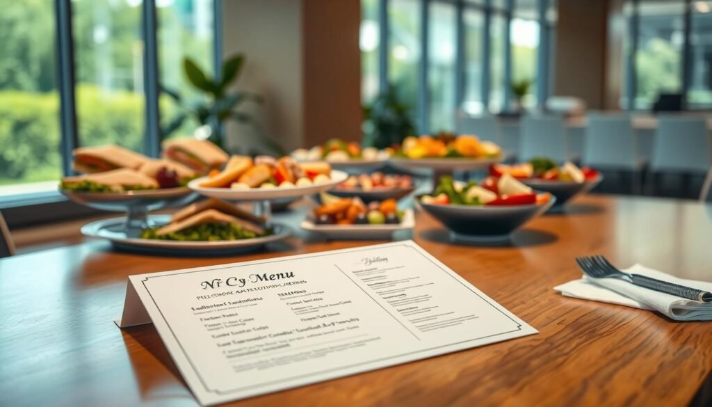A well-designed corporate catering menu displayed prominently on a polished wooden table. The foreground features a sleek, stylish menu card with a modern font, showcasing a variety of fresh sandwich options, salads, and beverages. In the middle, an elegantly arranged spread of mouth-watering catering dishes is visible, including vibrant platters of gourmet sandwiches, colorful salads, and fresh fruit. The setting emphasizes professionalism, with a subtle white tablecloth and neatly folded napkins. In the background, softly blurred, there are hints of a contemporary office environment with large windows allowing natural light to pour in, creating a warm and inviting atmosphere. The lighting is bright yet soft, enhancing the appeal of the food while keeping the overall mood sophisticated and corporate.