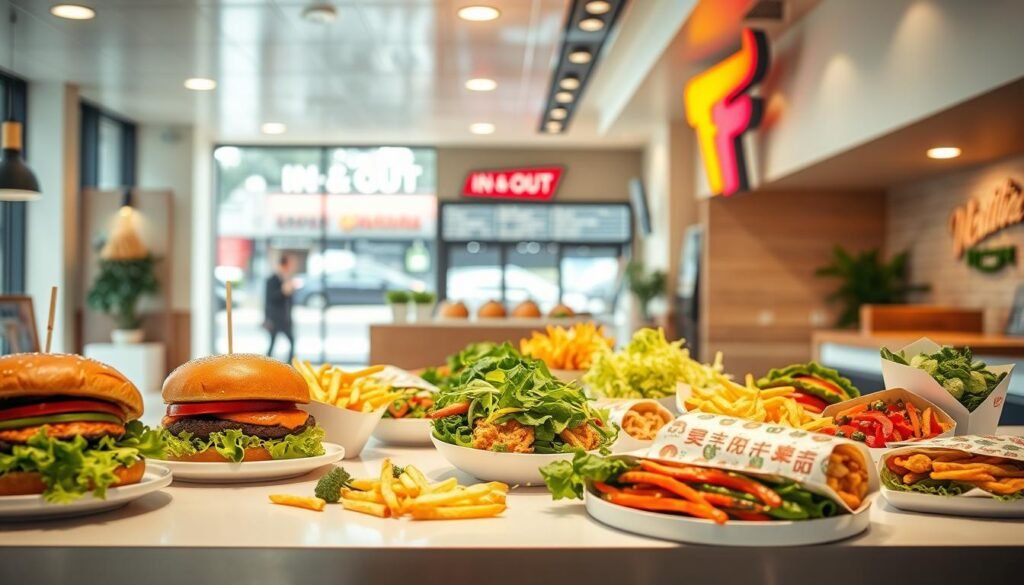 A well-lit and high-resolution image of an in-and-out style fast food restaurant menu featuring a variety of fresh, vibrant vegetarian options. The foreground displays an array of plant-based dishes such as veggie burgers, fries, salads, and wraps, neatly arranged on a sleek, modern counter. The middle ground showcases the restaurant's clean, minimalist interior design with warm, natural lighting and simple, contemporary decor. The background features a slightly blurred view of the exterior, highlighting the restaurant's signature architecture and signage. The overall mood is inviting, healthy, and focused on the diverse vegetarian offerings available to health-conscious customers.