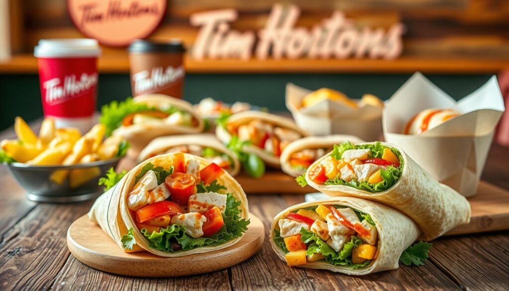 A well-lit and inviting display of Tim Hortons lunch wraps and craveable options, arranged on a rustic wooden table. In the foreground, show a vibrant, colorful wrap filled with fresh vegetables, grilled chicken, and sauces, alongside a small salad and a side of potato wedges. In the middle, a selection of other portable lunch items like paninis and bowls, each showcasing their appealing textures and colors. The background features a blurred coffee cup and a Tim Hortons logo, creating an inviting café atmosphere. Soft, natural lighting infuses the scene, highlighting the freshness of the food. The overall mood is warm and appetizing, perfect for a lunchtime setting.