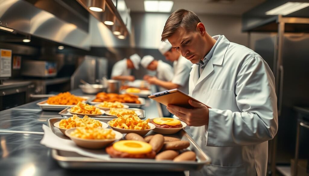 A well-lit commercial kitchen, stainless steel countertops and appliances gleam. In the foreground, a food quality inspector in a crisp white coat meticulously examines a tray of freshly prepared McDonald's breakfast items - golden hash browns, fluffy egg McMuffins, and sizzling sausage patties. The inspector's brow is furrowed in concentration, a clipboard in hand as they assess each item's appearance, texture, and temperature. In the background, line cooks efficiently assemble orders, ensuring consistency and speed. Soft, diffused lighting casts a warm glow, capturing the precision and care taken in crafting McDonald's breakfast menu. A sense of quality control and culinary dedication permeates the scene.