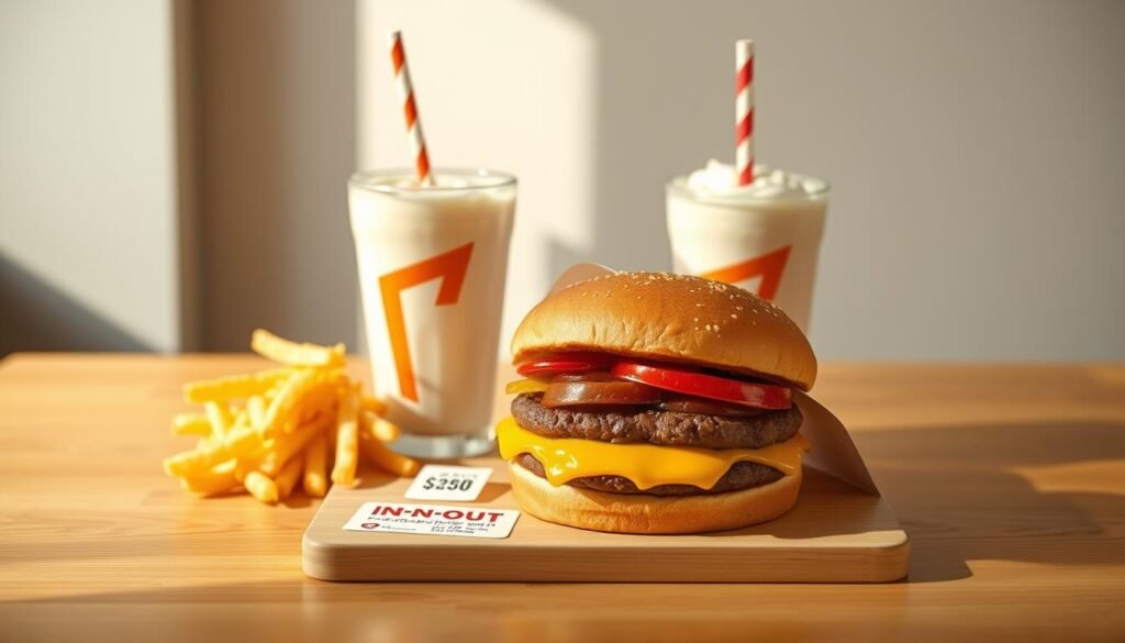 A well-lit, high-contrast still life scene depicting a fresh In-N-Out Burger value meal on a clean wooden table. The foreground features a delicious double-double burger, golden fries, and a classic milkshake, meticulously arranged to showcase their vibrant colors and textures. The middle ground features a price tag or label highlighting the reasonable cost of the meal, emphasizing the value proposition. The background is softly blurred, creating a sense of depth and focus on the main subject. The lighting is natural and diffused, casting warm shadows that accentuate the depth and dimensionality of the objects. The overall mood is one of quality, affordability, and the enjoyment of a classic American fast-food experience.