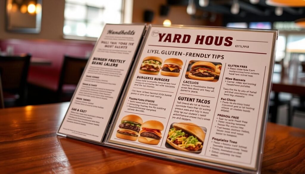 A well-lit, high-quality photograph of a gluten-friendly menu at the Yard House restaurant. The menu is displayed on a wooden table, with a clean, modern design showcasing the restaurant's handhelds, burgers, and tacos that are available with gluten-free bun options. The lighting is soft and natural, creating a warm, inviting atmosphere. The camera angle is slightly elevated, providing a clear, detailed view of the menu. The background is blurred, keeping the focus on the menu itself.