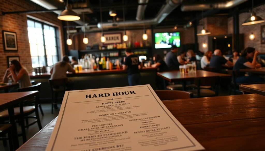 A well-lit, modern interior of the Yard House restaurant in Troy, Michigan. In the foreground, a wooden table displays the happy hour menu, showcasing a variety of craft beers, signature cocktails, and discounted food items. The menu is presented in a clean, elegant design, with detailed descriptions of the offerings. Behind the table, the middle ground features a bustling bar area, with bartenders preparing drinks and customers engaged in lively conversation. In the background, the restaurant's signature industrial-chic decor is visible, including exposed brick walls, metal accents, and warm lighting that creates a cozy, inviting atmosphere. The overall scene conveys a sense of casual sophistication and the enjoyment of good food, drinks, and company during the Yard House's happy hour in Troy. A well-lit, modern interior of the Yard House restaurant in Troy, Michigan. In the foreground, a wooden table displays the happy hour menu, showcasing a variety of craft beers, signature cocktails, and discounted food items. The menu is presented in a clean, elegant design, with detailed descriptions of the offerings. Behind the table, the middle ground features a bustling bar area, with bartenders preparing drinks and customers engaged in lively conversation. In the background, the restaurant's signature industrial-chic decor is visible, including exposed brick walls, metal accents, and warm lighting that creates a cozy, inviting atmosphere. The overall scene conveys a sense of casual sophistication and the enjoyment of good food, drinks, and company during the Yard House's happy hour in Troy.