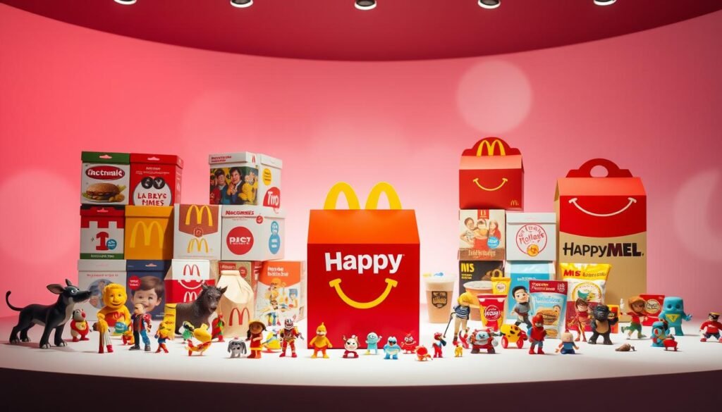 A whimsical display of McDonald's Happy Meal evolution, showcasing the iconic red box in a dynamic progression. In the foreground, the classic Happy Meal package stands prominently, surrounded by an array of playful toy figurines and accessories that have graced its contents over the decades. The middle ground features a collage of Happy Meal packaging designs, each reflecting the vibrant branding and cultural trends of their respective eras. In the background, a soft, dreamlike atmosphere sets the stage, with gentle lighting and a hint of nostalgic wonder, evoking the joy and anticipation that the Happy Meal has brought to generations of children and families. This captivating visual narrative celebrates the enduring legacy of McDonald's beloved Happy Meal.