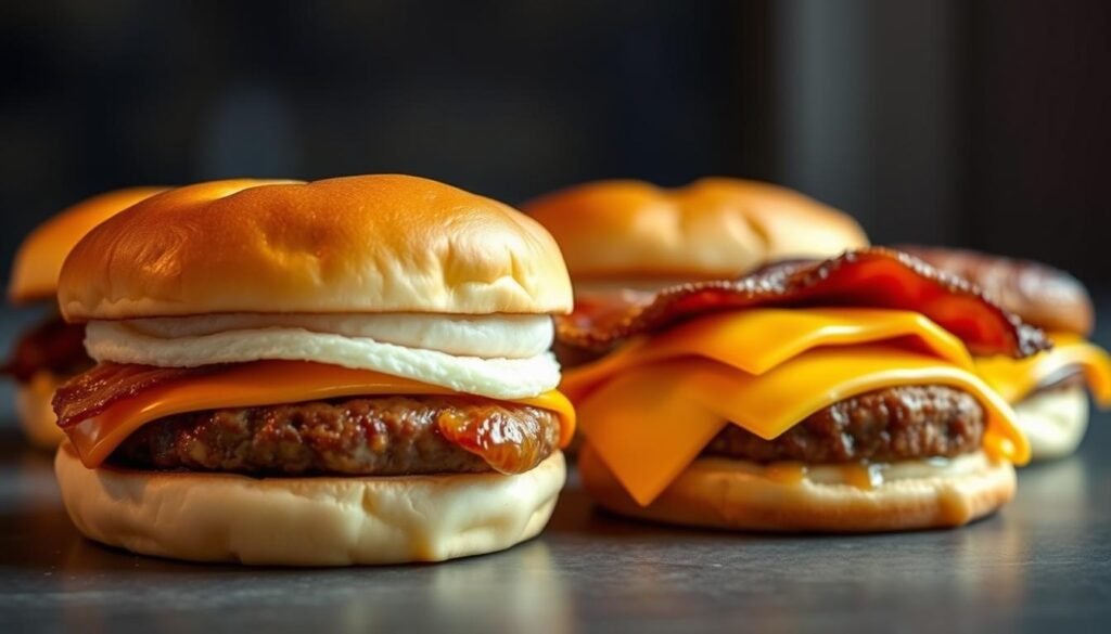 Artfully arranged McGriddle breakfast sandwiches, each showcasing a distinct variety. In the foreground, a classic McGriddle with sausage, egg, and cheese, its golden bun glistening under soft, warm lighting. Behind it, a McGriddle with crispy bacon and a fluffy egg, contrasting textures and flavors. Further back, a McGriddle with a juicy sausage patty and melted American cheese, evoking the perfect balance of sweet and savory. The scene is captured from a slightly elevated angle, emphasizing the mouth-watering details of these breakfast delights. The overall mood is one of inviting warmth and culinary delight, capturing the essence of the "McGriddle Revolution" and its ability to elevate the morning meal.
