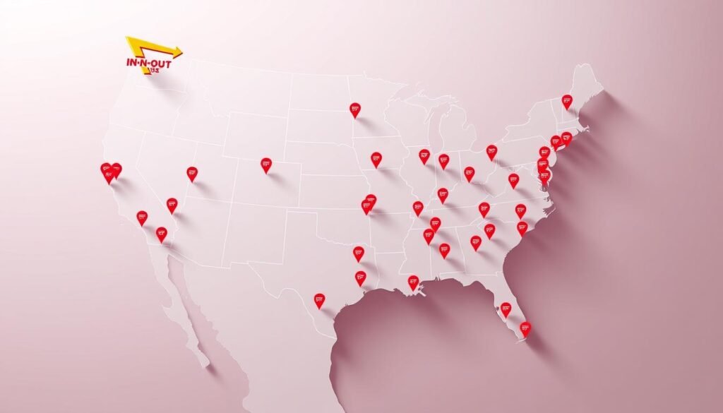 Vibrant, high-resolution image depicting the regional footprint of the In-N-Out Burger chain across the western United States. A detailed map fills the central frame, showcasing the locations of In-N-Out restaurants from the Pacific coast to the Rocky Mountains, with each outlet represented by a striking red icon. The map is surrounded by a sleek, minimalist design, with clean lines and a subtle color palette that complements the brand's aesthetic. The overall composition conveys a sense of precision, data-driven insights, and the widespread popularity of this iconic fast-food establishment.