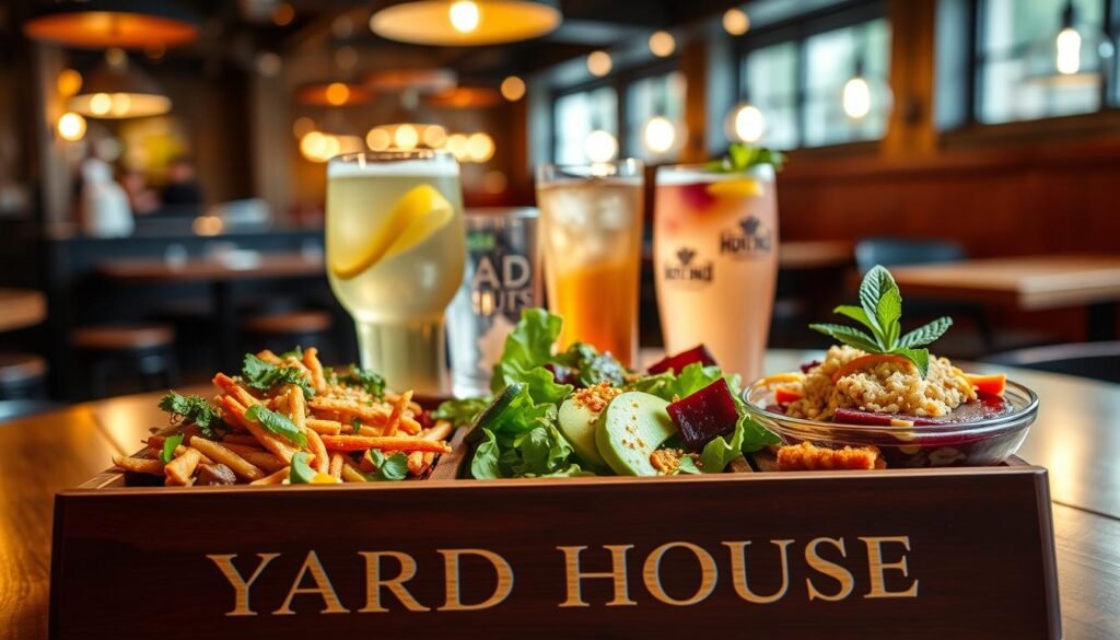 Yard House vegan menu, displayed on a high-quality wooden board with elegant typography. In the foreground, an array of plant-based dishes, including a hearty vegetable stir-fry, a fresh salad with avocado and quinoa, and a vibrant beet and orange salad. Behind them, a selection of beverages, including a refreshing fruit-infused water and a craft cocktail with a sprig of mint. The background features a blurred view of the Yard House restaurant interior, with its modern, industrial-chic decor and cozy ambiance. Warm, diffused lighting creates a welcoming atmosphere, highlighting the fresh, healthy, and diverse vegan offerings. Yard House vegan menu, displayed on a high-quality wooden board with elegant typography. In the foreground, an array of plant-based dishes, including a hearty vegetable stir-fry, a fresh salad with avocado and quinoa, and a vibrant beet and orange salad. Behind them, a selection of beverages, including a refreshing fruit-infused water and a craft cocktail with a sprig of mint. The background features a blurred view of the Yard House restaurant interior, with its modern, industrial-chic decor and cozy ambiance. Warm, diffused lighting creates a welcoming atmosphere, highlighting the fresh, healthy, and diverse vegan offerings.